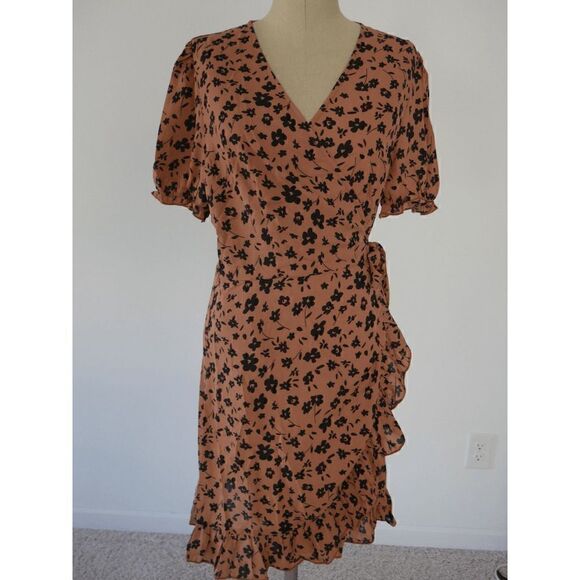 Women's Brown Wrap V Neck Floral Dress with Ruffles M #1656-A4 - Picture 2 of 9